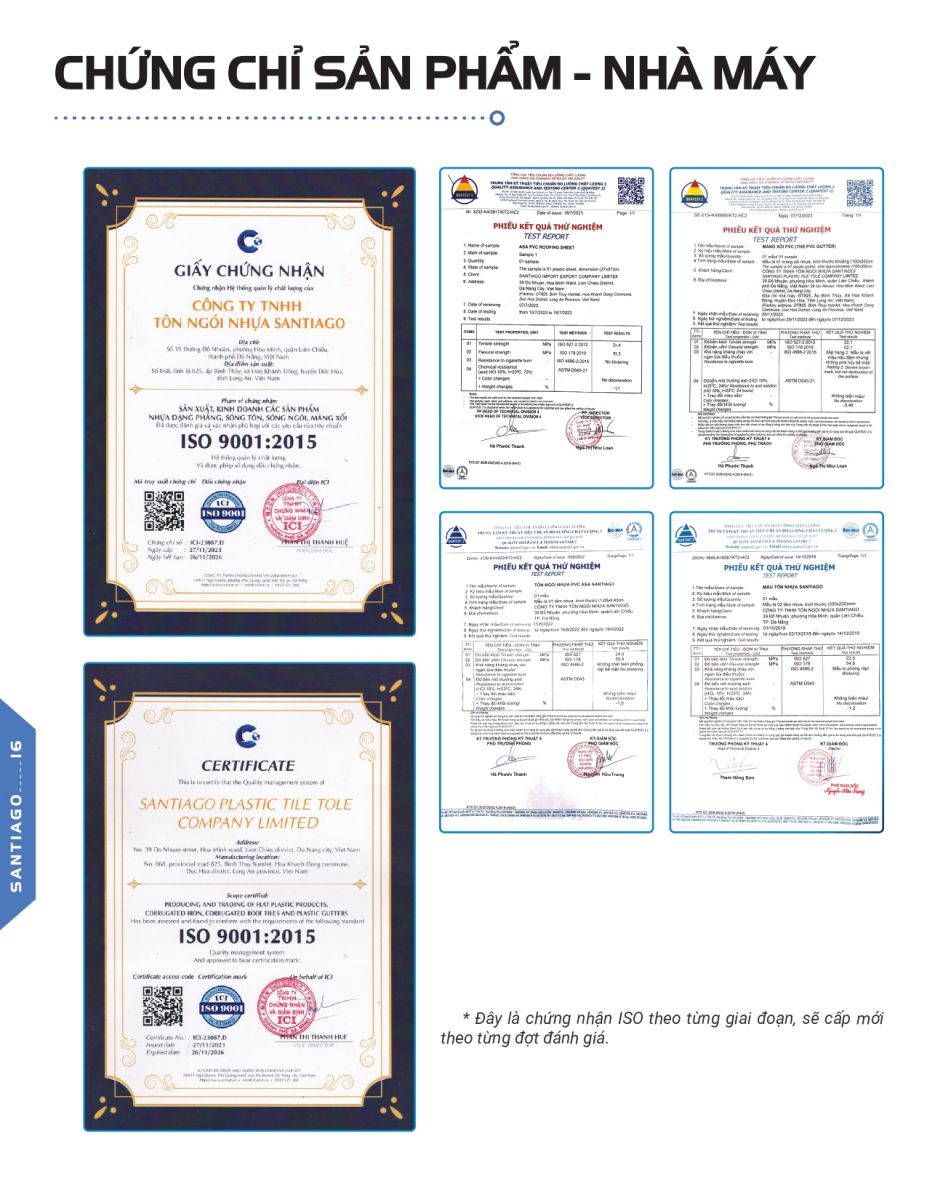chứng nhận chất lượng tôn ngói nhựa santiago