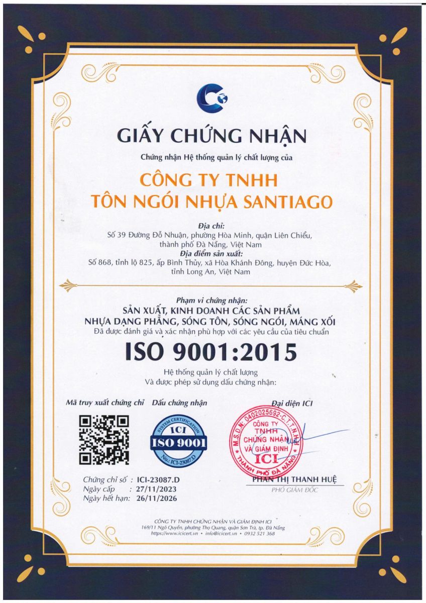 chứng nhận iso 9001:2015 của tôn nhựa pvc asa santiago