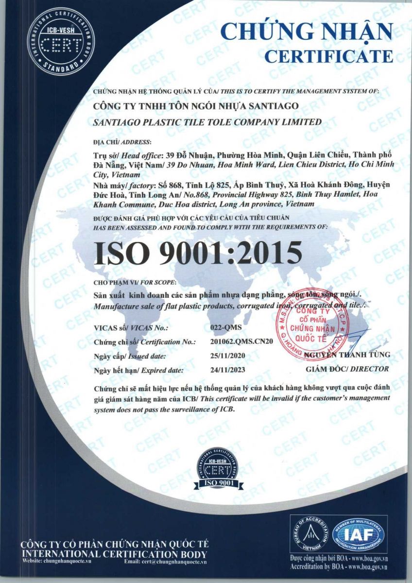 iso 9001-2015 tôn nhựa thái bình