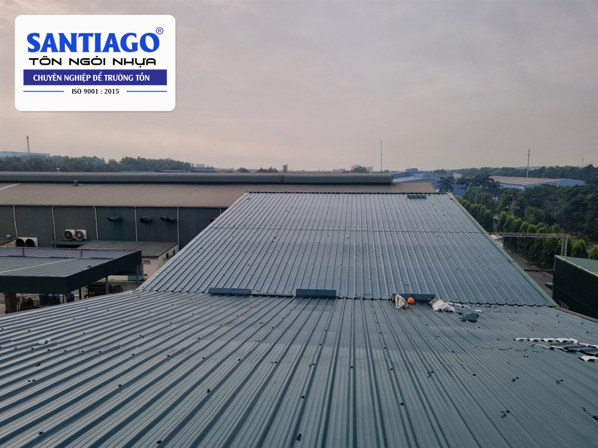Mái nhà xưởng lớn lợp tôn nhựa nhìn từ trên cao