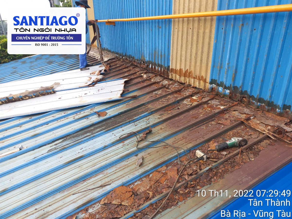 Tôn sắt cũ rỉ sét nằm cạnh tôn nhựa xanh mới lợp