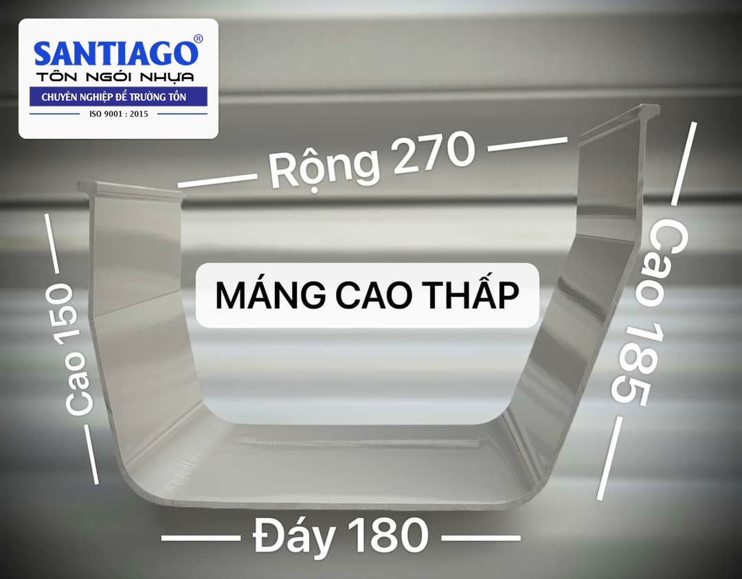 Mặt cắt máng xối cao thấp có ghi kích thước