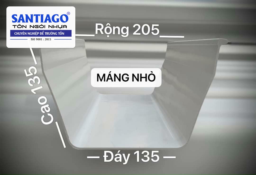 Mặt cắt máng xối nhỏ ghi kích thước đáy, cao, rộng