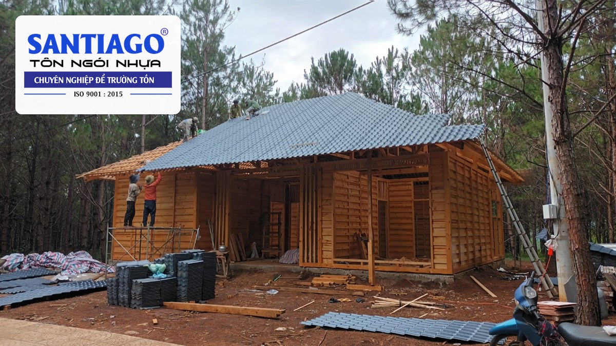 Nhà gỗ trong rừng thông lợp ngói nhựa xám ở Di Linh