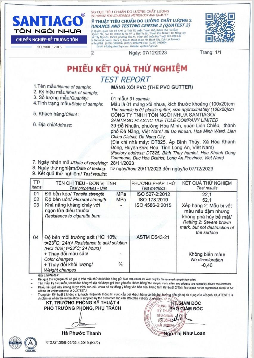 Phiếu kết quả thử nghiệm máng xối PVC của QUATEST 2
